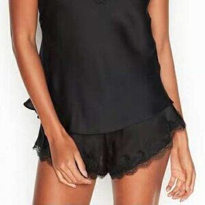 NEW Victoria's Secret Black Satin Pajama Bottoms w/ Lace Trim; XS